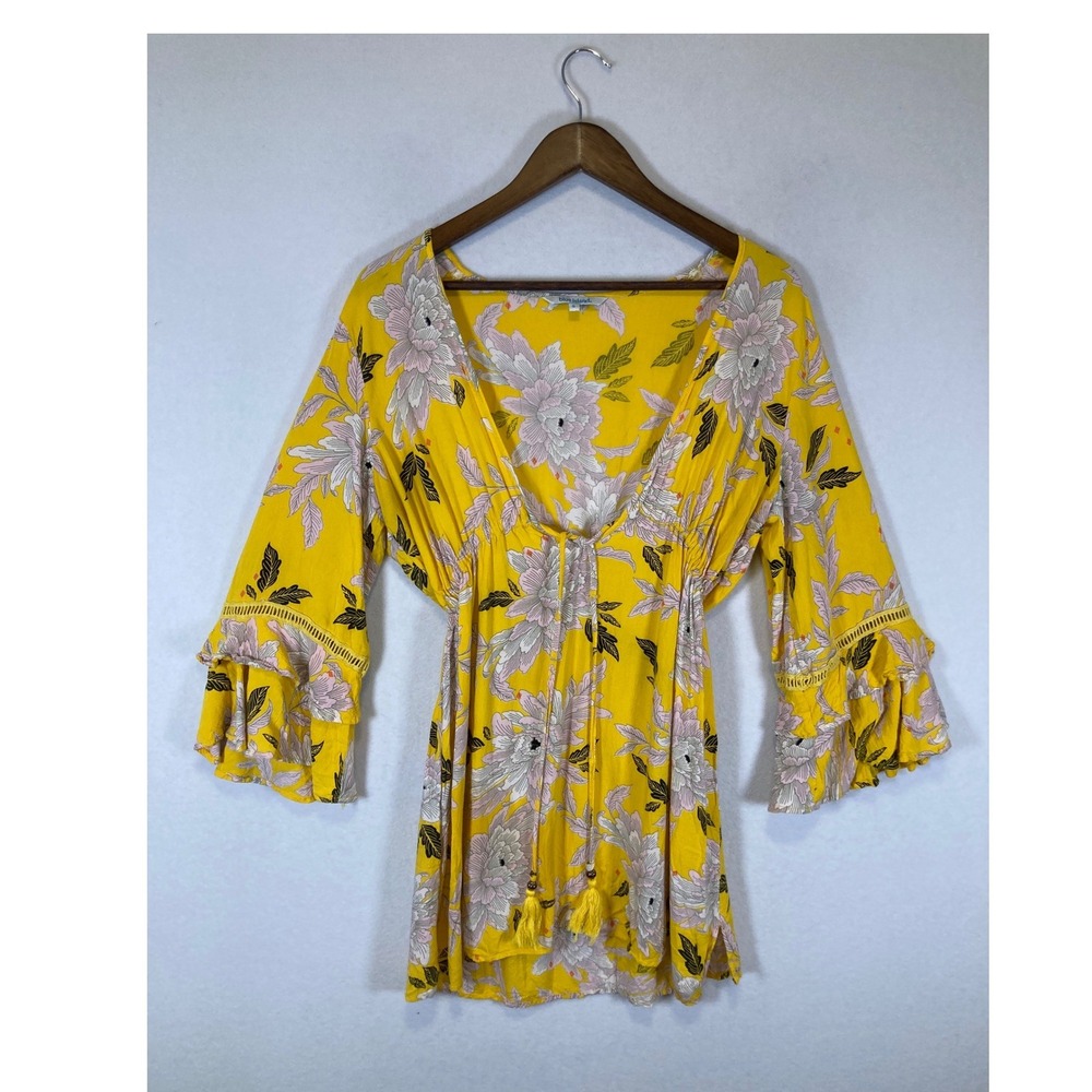 Beachy Boho Floral Blue Island Small Yellow V-Neck Tassel Bell Sleeve Tunic Top